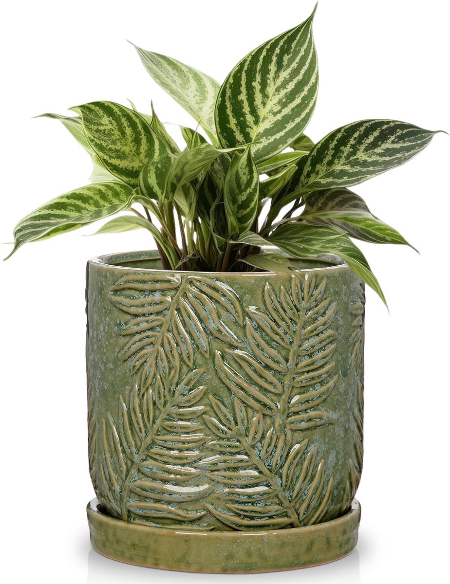 Omgoods - Groene Keramische Plant Pot met Schotel - Bloempot met Drainage Gat