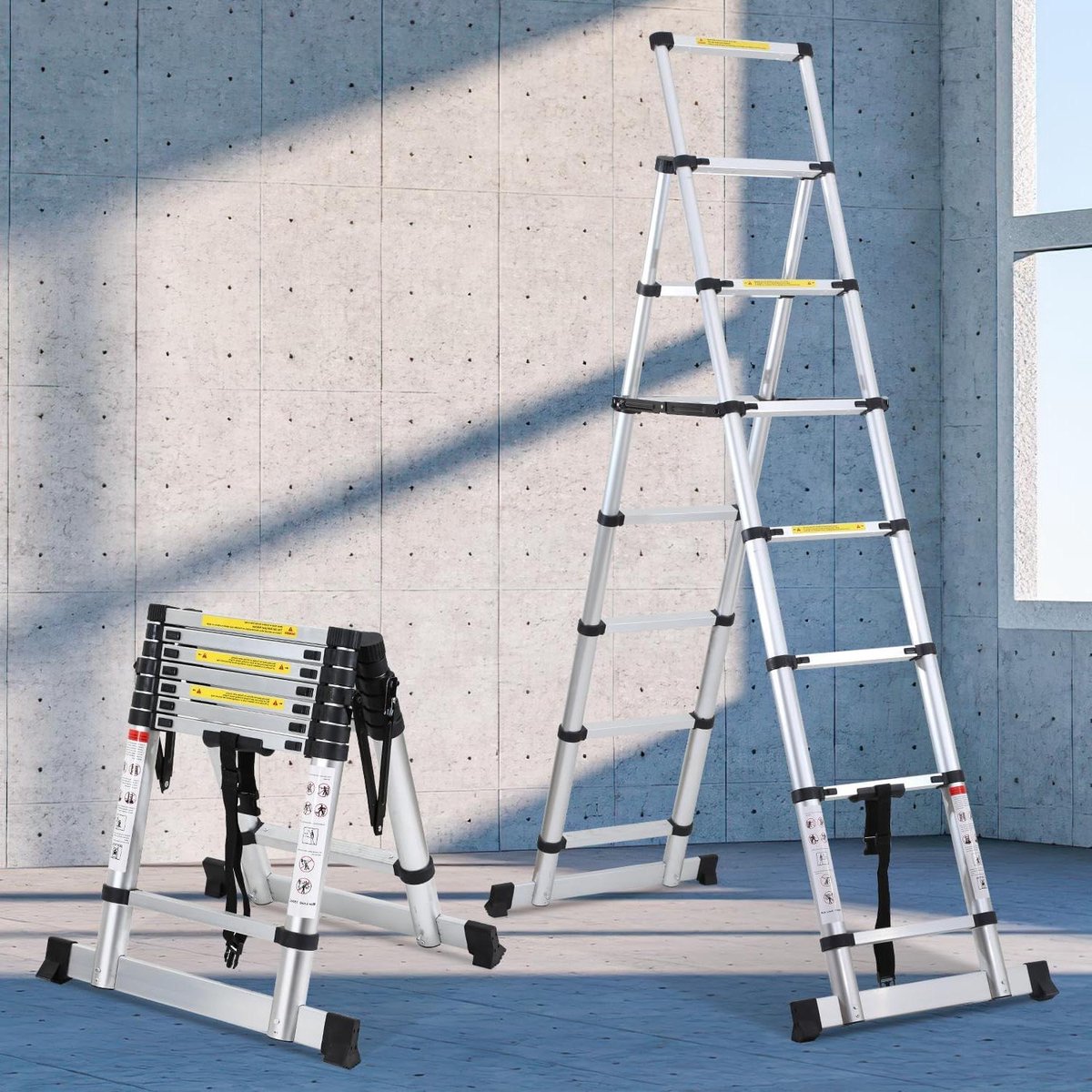 Telescopische Ladder - Uittrekbare Vouwladder - Huishoudelijk Gebruik - Inklapbaar Ontwerp - 2m + 2.3m - Zilver