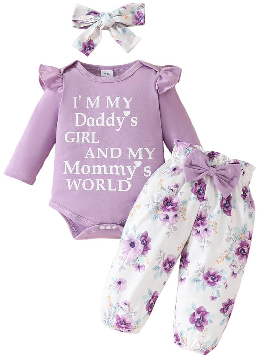 SnelShoppen - Pasgeboren Babymeisjes Kleding Set - Langarm Strampler en Bloemenbroek met Hoofdband voor Herfst - Ideaal voor Feestjes en Dagelijks Geb