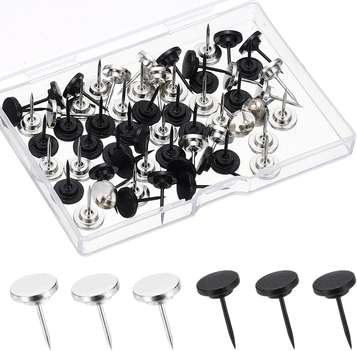 Dailygoods - 30 Stuks Platte Pushpinnen - Zwart/Zilver voor Prikborden en Decoratie