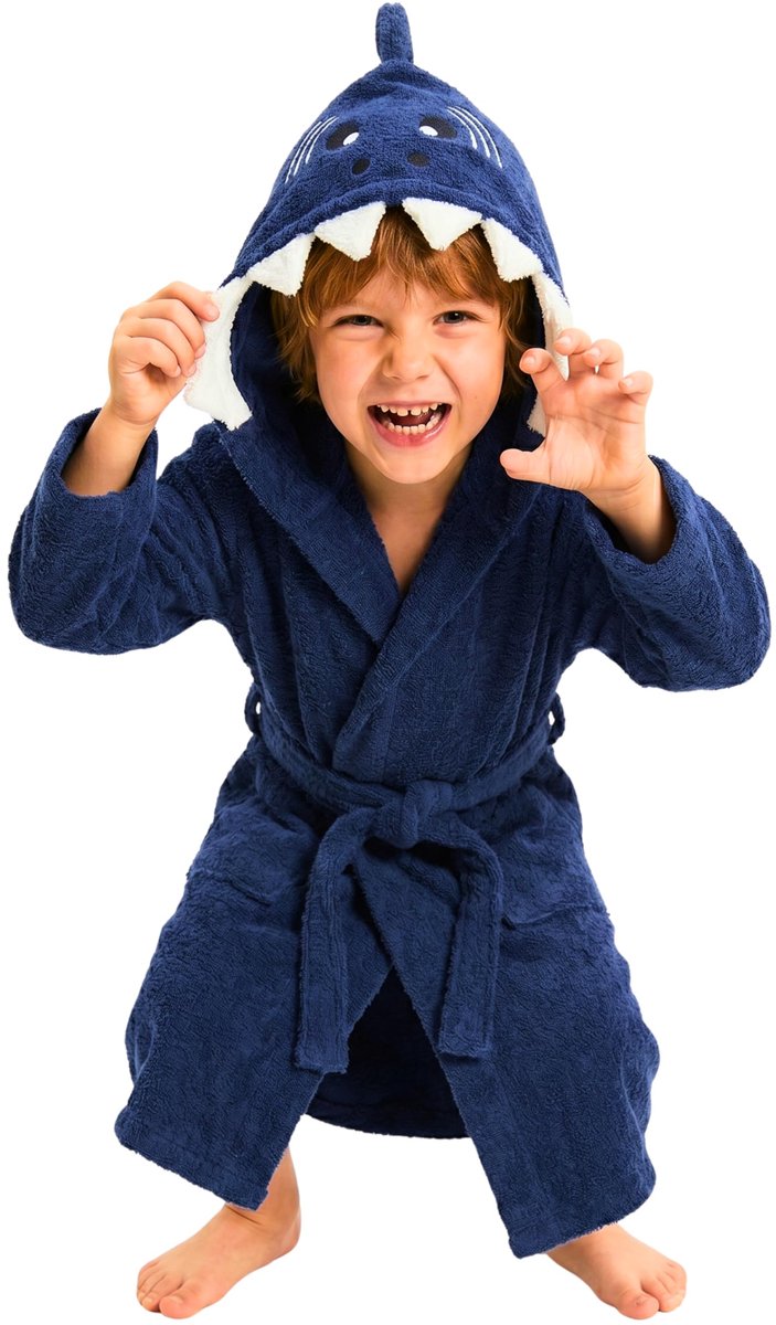 SnelShoppen - Zachte Badjas voor Kinderen, Badstof met Capuchon in Dierenvorm, 100% Katoen, Marineblauw Haai, Ideaal voor Meisjes van 7-8 Jaar, Perfec