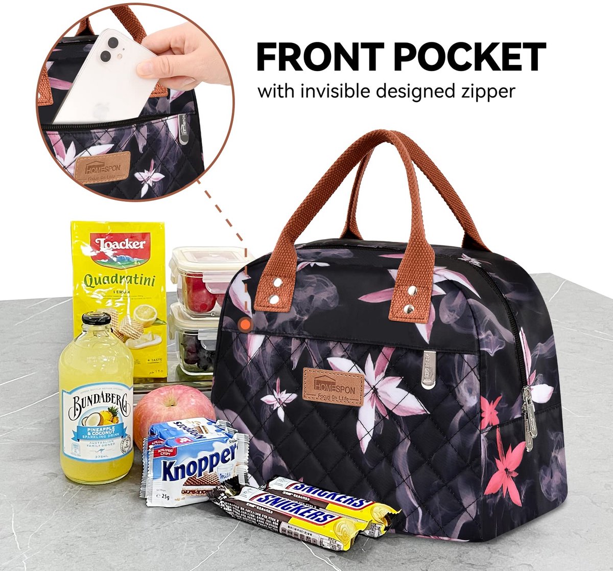 SnelShoppen - Geïsoleerde lunchtas voor volwassenen - Roze bloemen - Koeltas lunchbox voor werk, school, picknick, camping - Dames en heren - Lichtgew