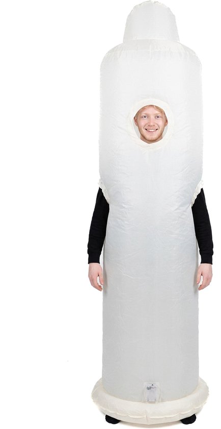 Costume de préservatif gonflable blanc avec une ouverture ronde pour le visage. Une personne souriante porte le costume.