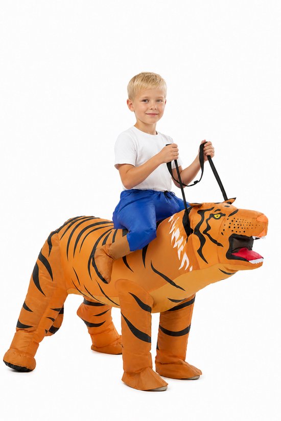 KIMU® Opblaas Kostuum Kinderen Zittend Op Tijger - Maat 122 128 134 140 146 152 - Opblaasbaar Pak - Tijgerpak Mascotte Opblaaspak - Opblaasbare Leeuw Safari Festival