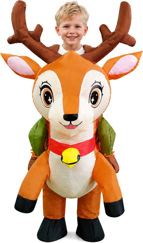 KIMU® Opblaas Kostuum Kinderen Zittend Op Hert - Maat 122 128 134 140 146 152 - Opblaasbaar Pak - Hertpak Mascotte Opblaaspak - Opblaasbare Rendier Ree Eland Festival