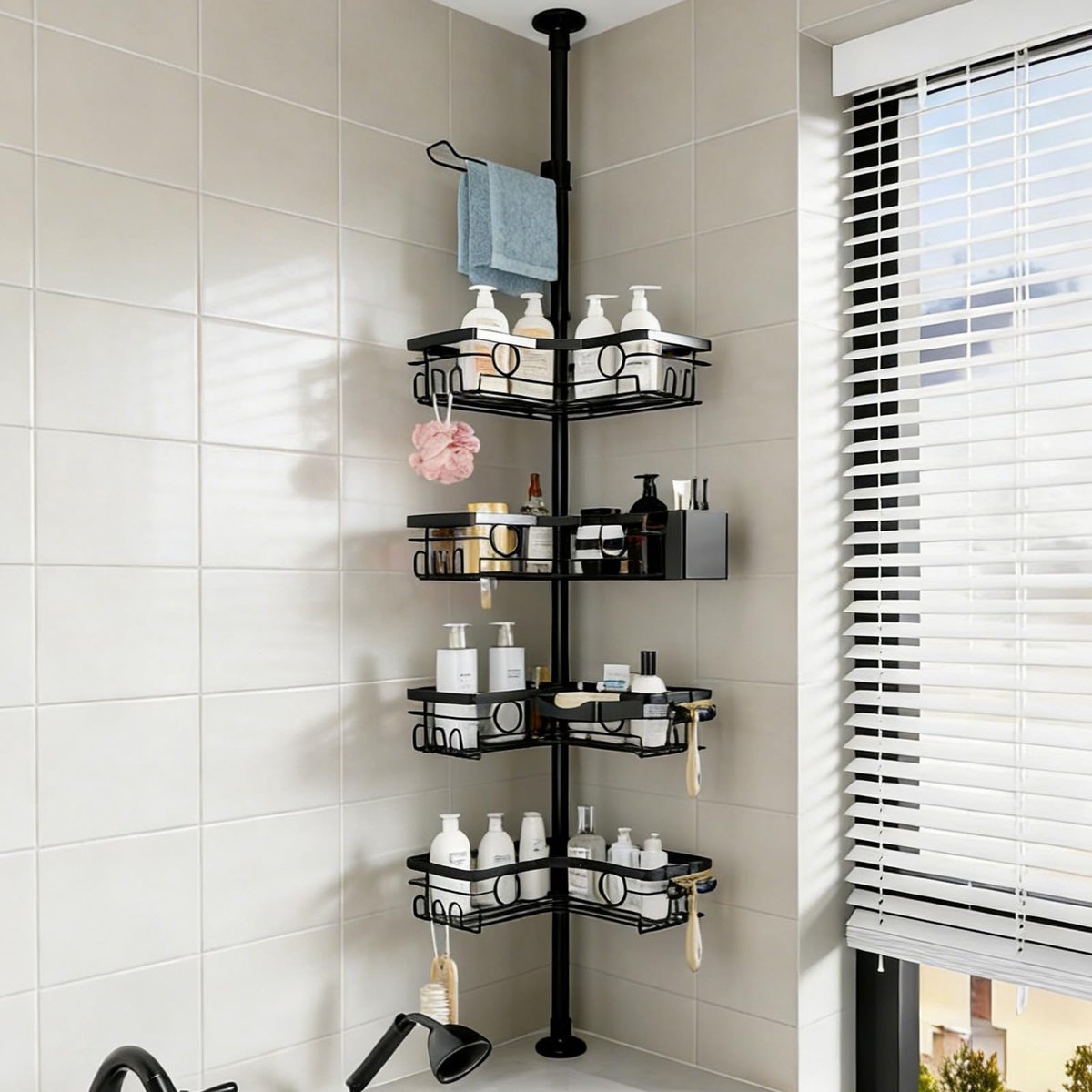 SnelShoppen - Telescopische Doucheplank Met 4 Planken, Hoogte Verstelbaar 25-114,2 Inch, Ideaal Voor Badkamer En Keuken, Hoekzeepbakje, Ruimtebesparen