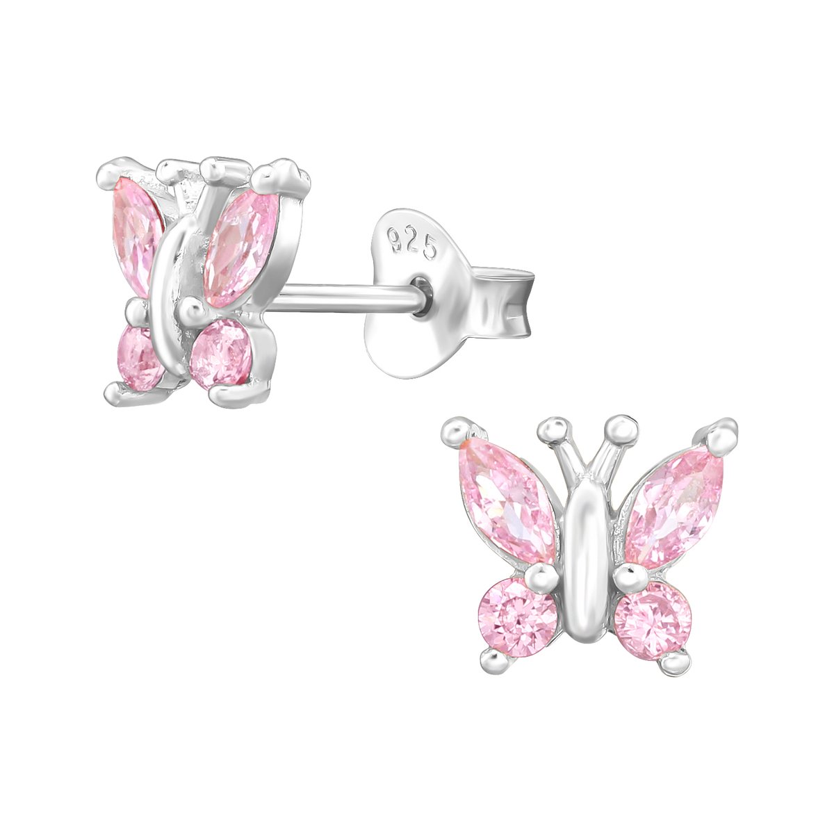 Oorbellen vlinder - meisje - zilver - roze - zirkonia