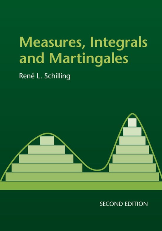 Boek "Measures, Integrals and Martingales" in de tweede editie met een groene achtergrond en gestileerde trapvormige grafieken.