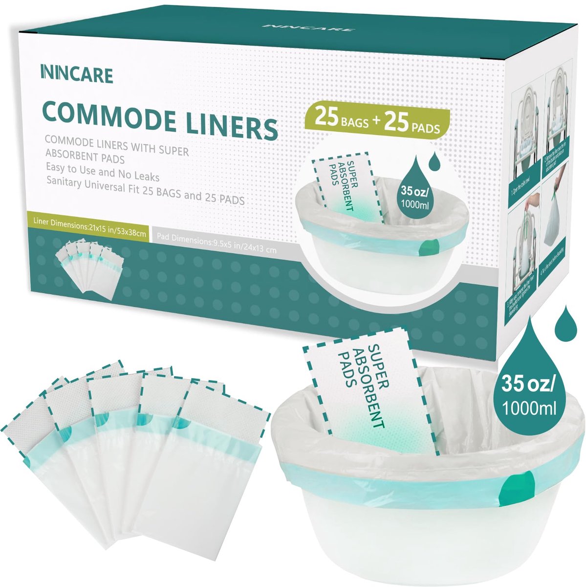 SnelShoppen - Commode voeringen met absorberende pads, voordeelverpakking 25 stuks, universele pasvorm, wegwerp bed-commode voeringen en pads voor vol