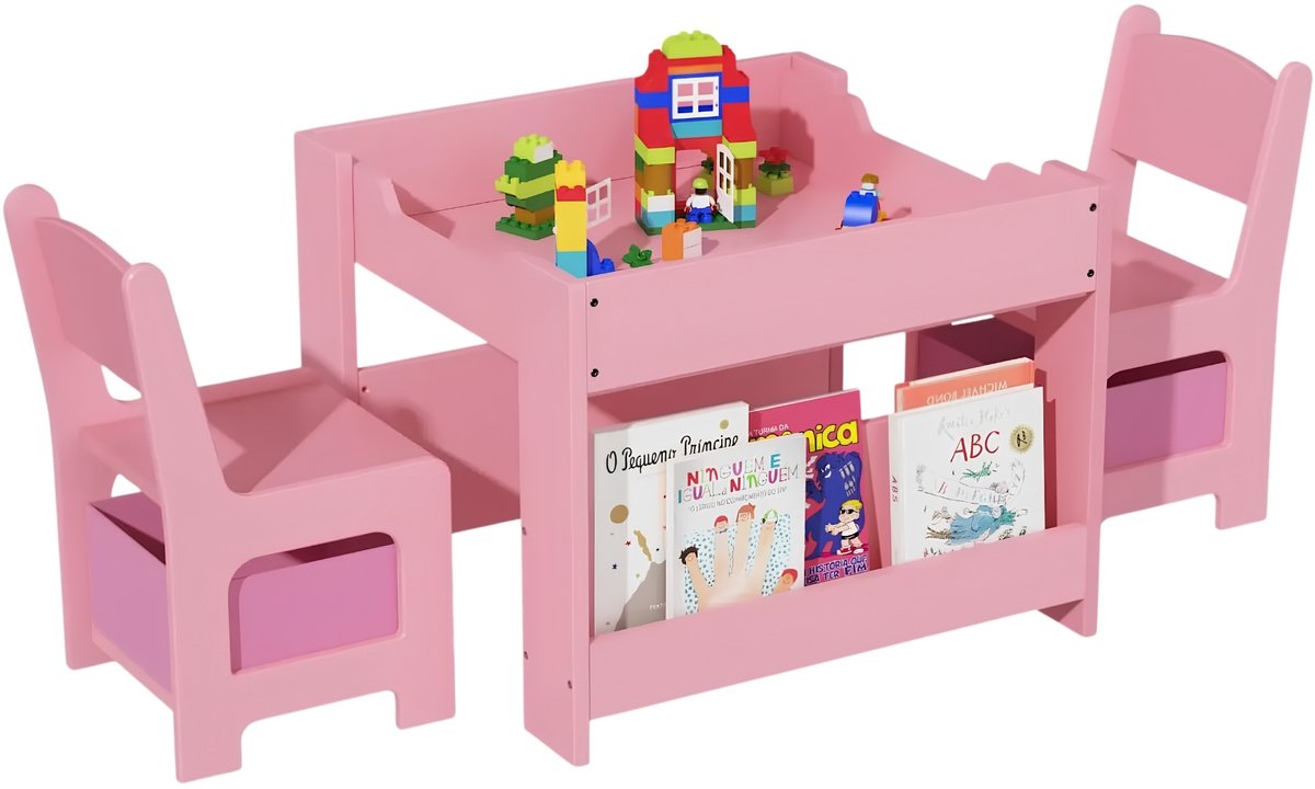4-in-1 Kinder Tafel- en Stoelset – Multifunctionele Activiteitentafel met 2 Stoelen, Afneembaar Tafelblad, Opberglades en Boekenkast voor Tekenen, Knutselen, Lezen & Spelen – Roze