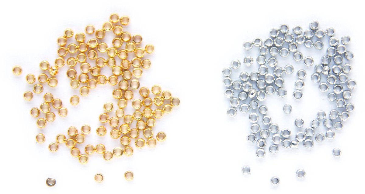 Knijpkralen, van huidveilige metaalsoort, 200 stuks, goud- en zilverkleurig – 2mm