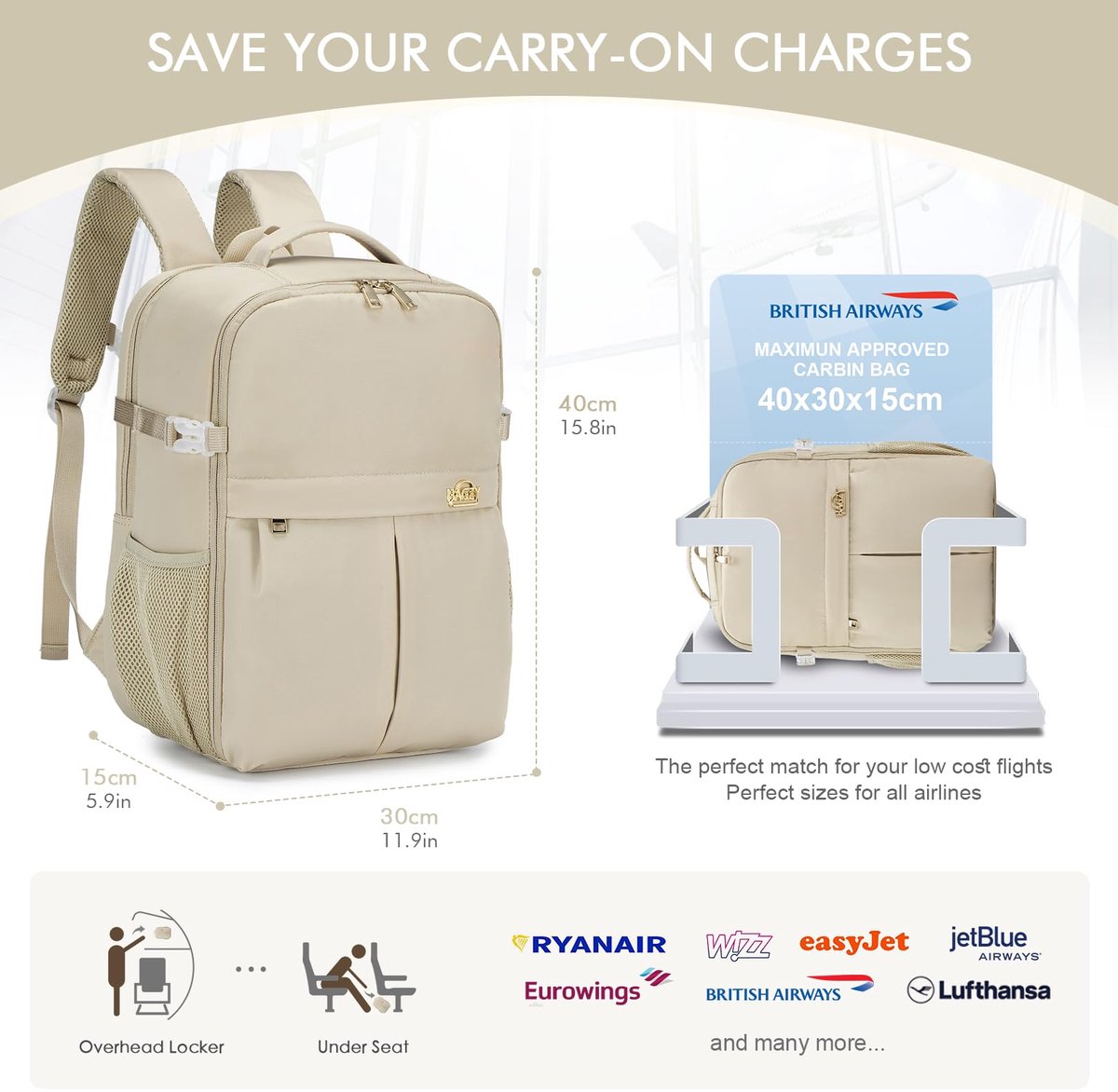 SnelShoppen - BAGZY Handbagage 40x30x20 cm Wizzair Reistas, Laptop Rugzak 15,6 inch, Oxford Reisrugzak voor Korte Reizen, Werk en Studenten