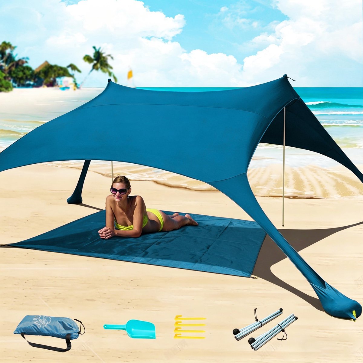 SnelShoppen - Cuupo Pop-up Strandtent 2x2,1 m - LSF 50 Lycra Zonwering - Winddicht en Stabiliteitsstangen - Petrolblauw voor Buiten, Tuin, Camping en