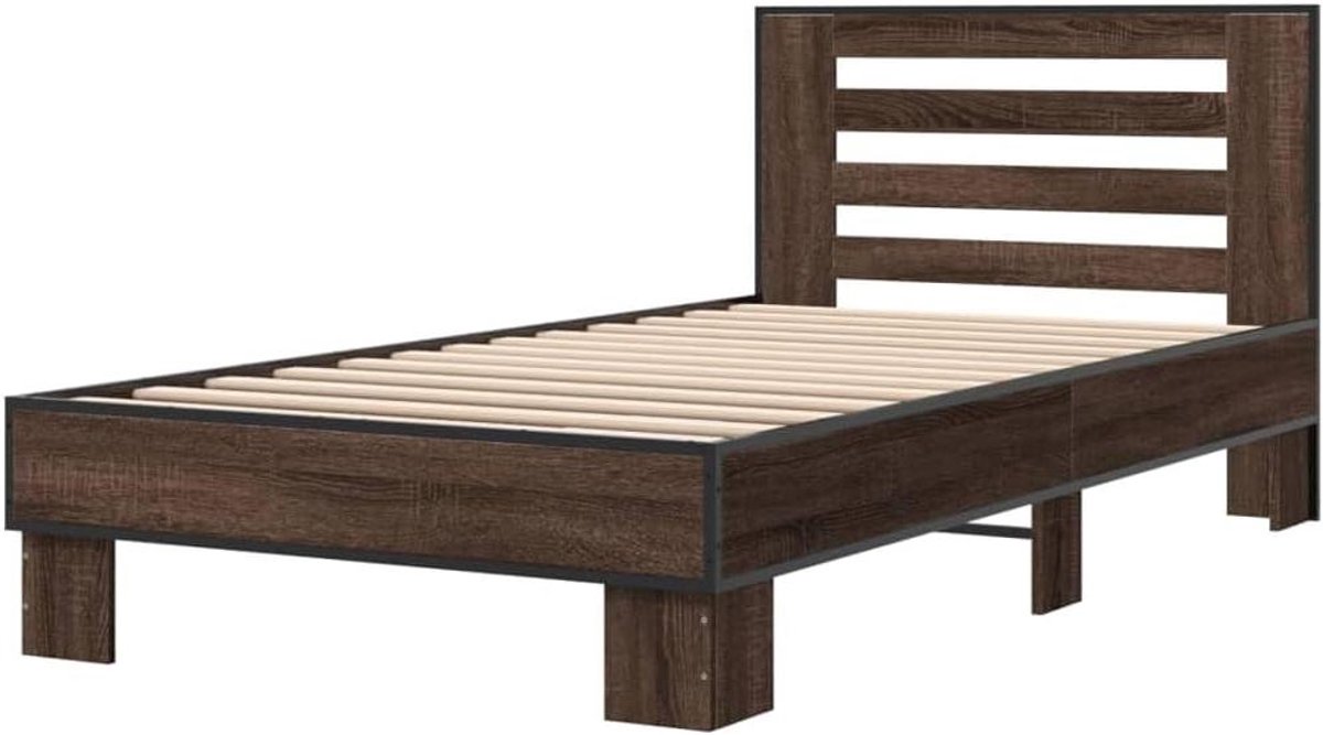 Bedframe Hout Metaal - Eenpersoonsbed Bedbodem - Comfortabel Slapen - Plywood Lattenbodem - 90x190 cm - Bruine Eik