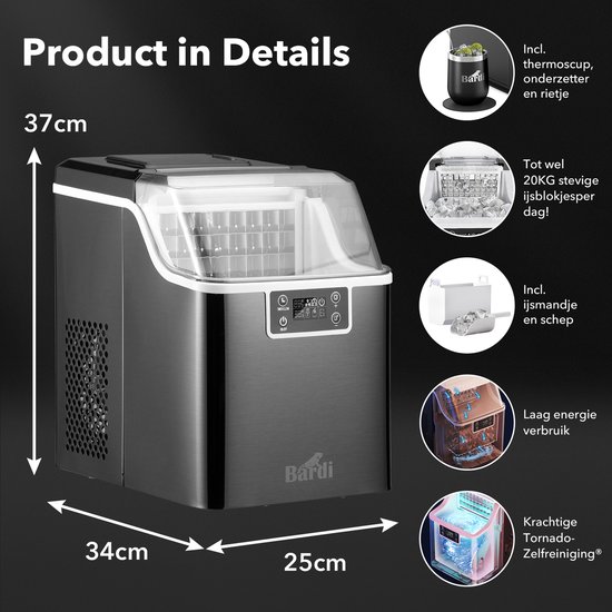 Bardi 3,2L Deluxe IJsblokjesmachine - Vierkante IJsblokmaker - LCD Display - 20Kg/24 uur. inclusief Thermosbeker en IJsschep - ZWART met citruspers RVS van Bardi — afbeelding 3