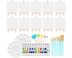 Verf en Canvas Set - Schilderset Tekenbenodigdheden - Creatief Schilderen - Inclusief Houten Ezel - 10 Mini Canvassen - Meerdere Kleuren