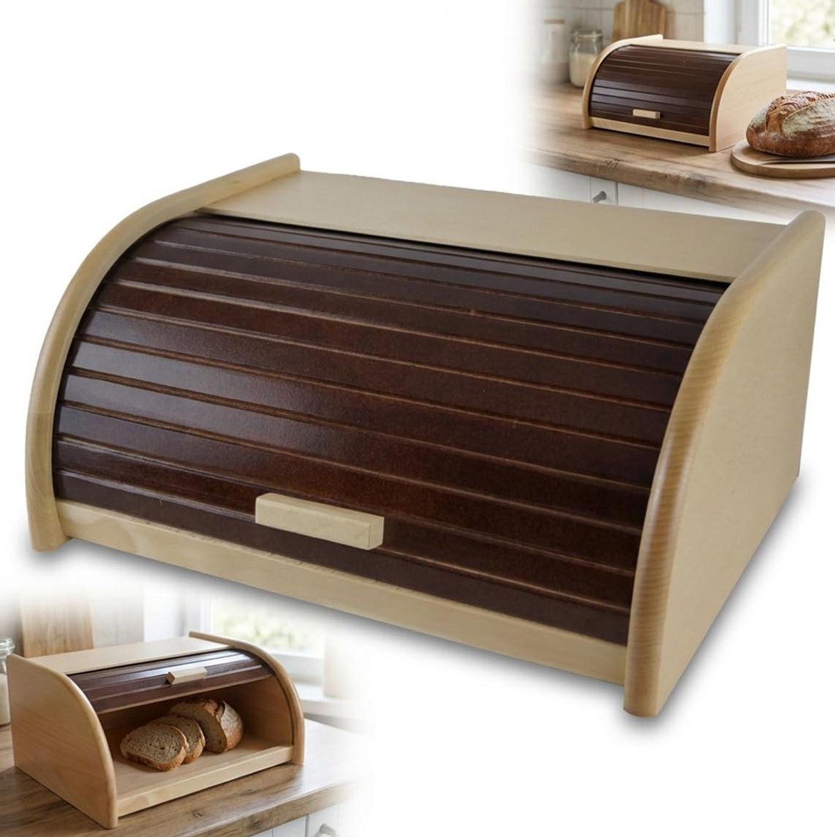 Broodtrommel Hout - Brooddoos Tweekleurig - Brood Bewaren - Tweekleurig Ontwerp - 31x26x16 cm - Beuken Walnoot
