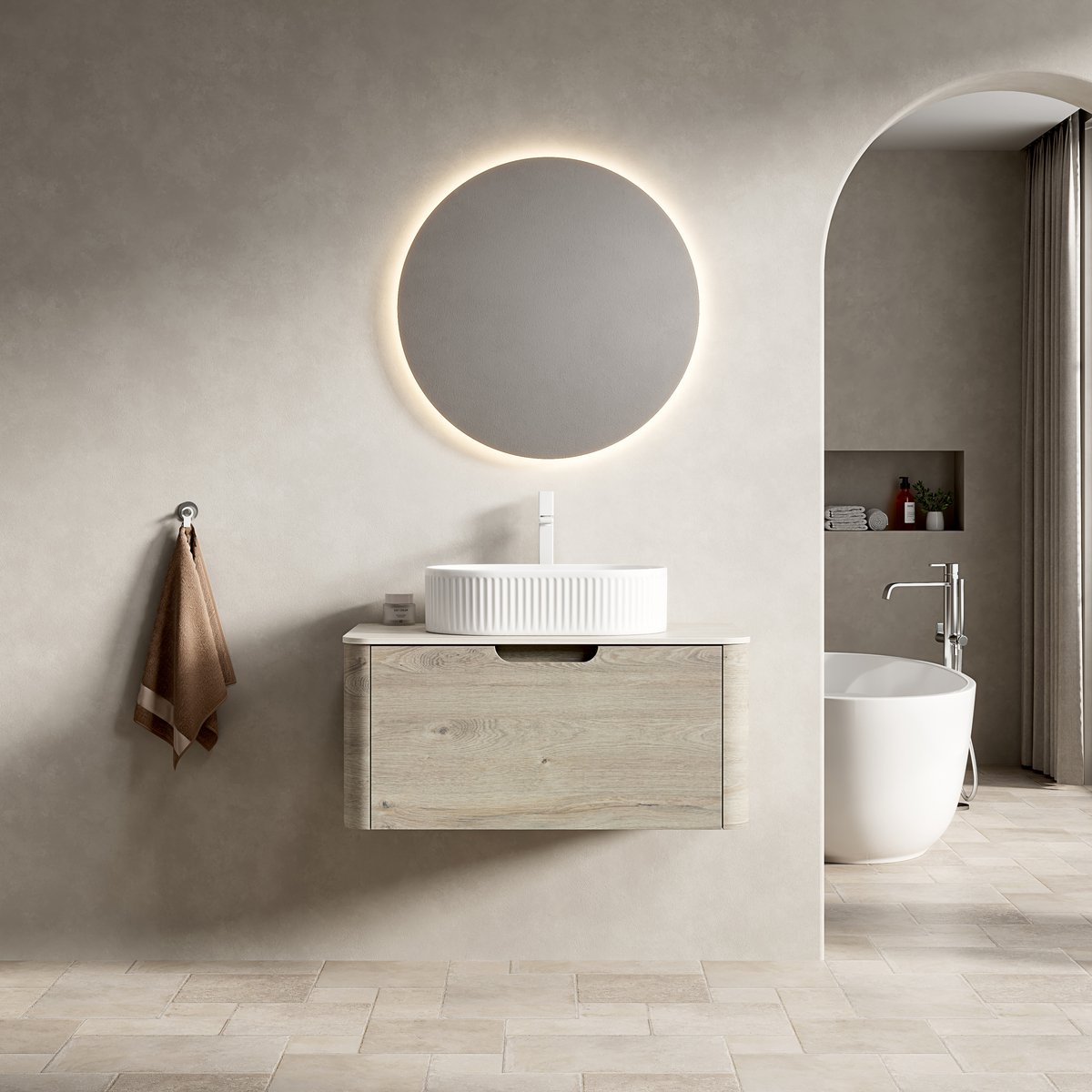 Hangend badkamermeubel met wastafel - Zwevend design voor kleine badkamer - 80 cm - Crème eiken & wit - Travertin sinterstenen blad & ovaal bekken - Soft-close lade - Voorgemonteerd