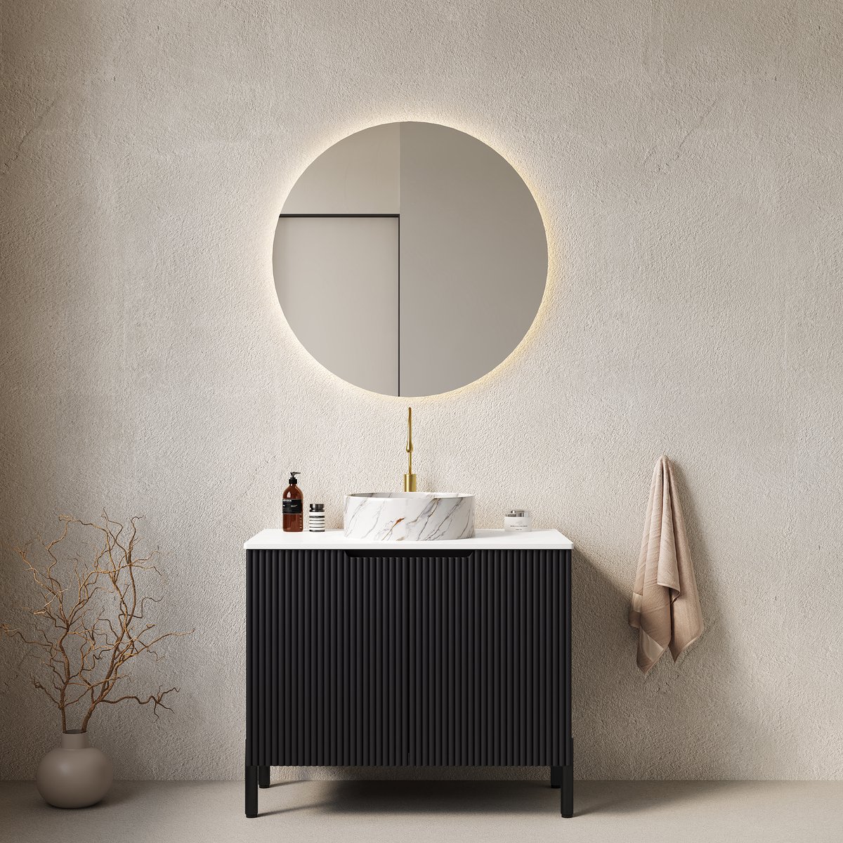 Vrijstaand badkamermeubel met wastafel - Opbergoplossing voor kleine badkamer - 76 cm - Zwart & Wit - Wit gesinterd stenen blad - Ronde keramische waskom met steenpatroon - Gestreepte soft-close deuren