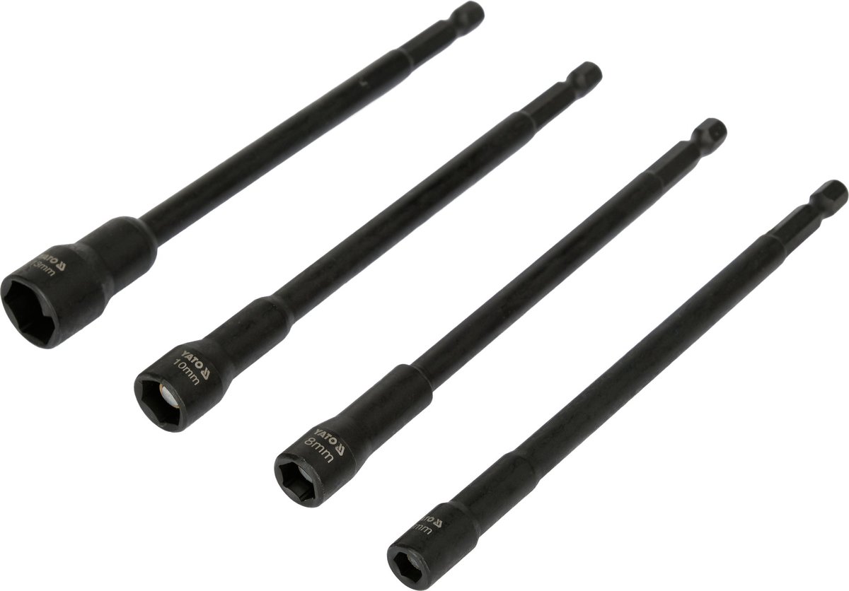 YATO Lange Magnetische Doppenset - 4-Delig (6, 8, 10, 13 mm) - Lengte 150 mm - 1/4" Hex Aansluiting voor Accuboormachine - CrV Staal - Magnetische Dopadapters voor Zeskantbouten en Moeren