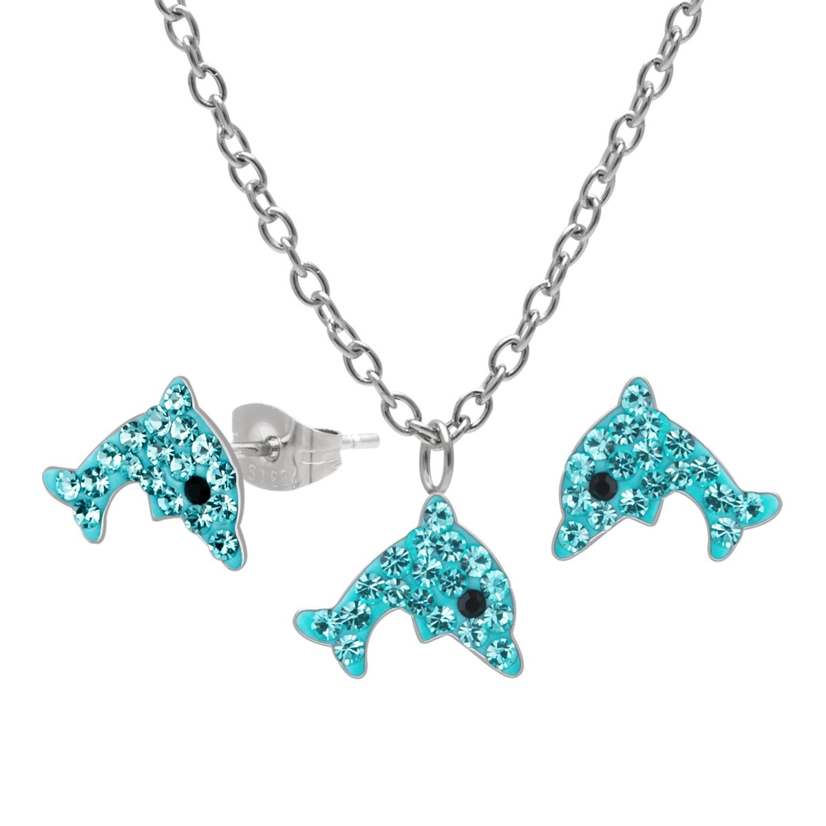 Meisjes Sieradenset Dolfijn – Ketting en Oorstekers – Chirurgisch Staal – Blauwe Kristallen – Kindersieraden