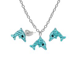 Meisjes Sieradenset Dolfijn – Ketting en Oorstekers – Chirurgisch Staal – Blauwe Kristallen – Kindersieraden