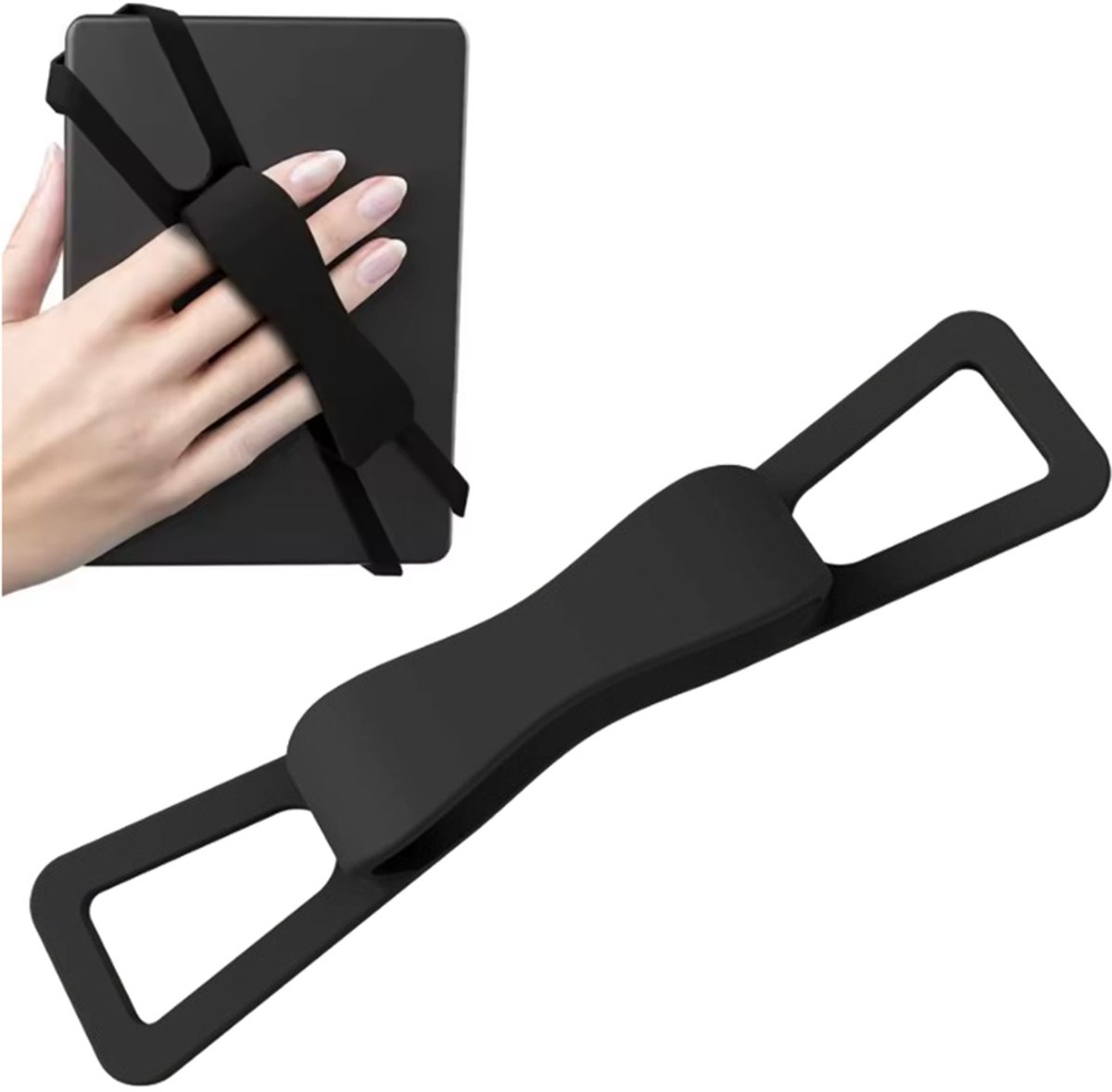 Handstrap voor iPad of Reader - 1 stuk - Elastische Vinger Sling Grip - 18CM - Universeel - Handriem voor eReader - Zwart - Siliconen - Band voor om tablet of e-reader - CHPN