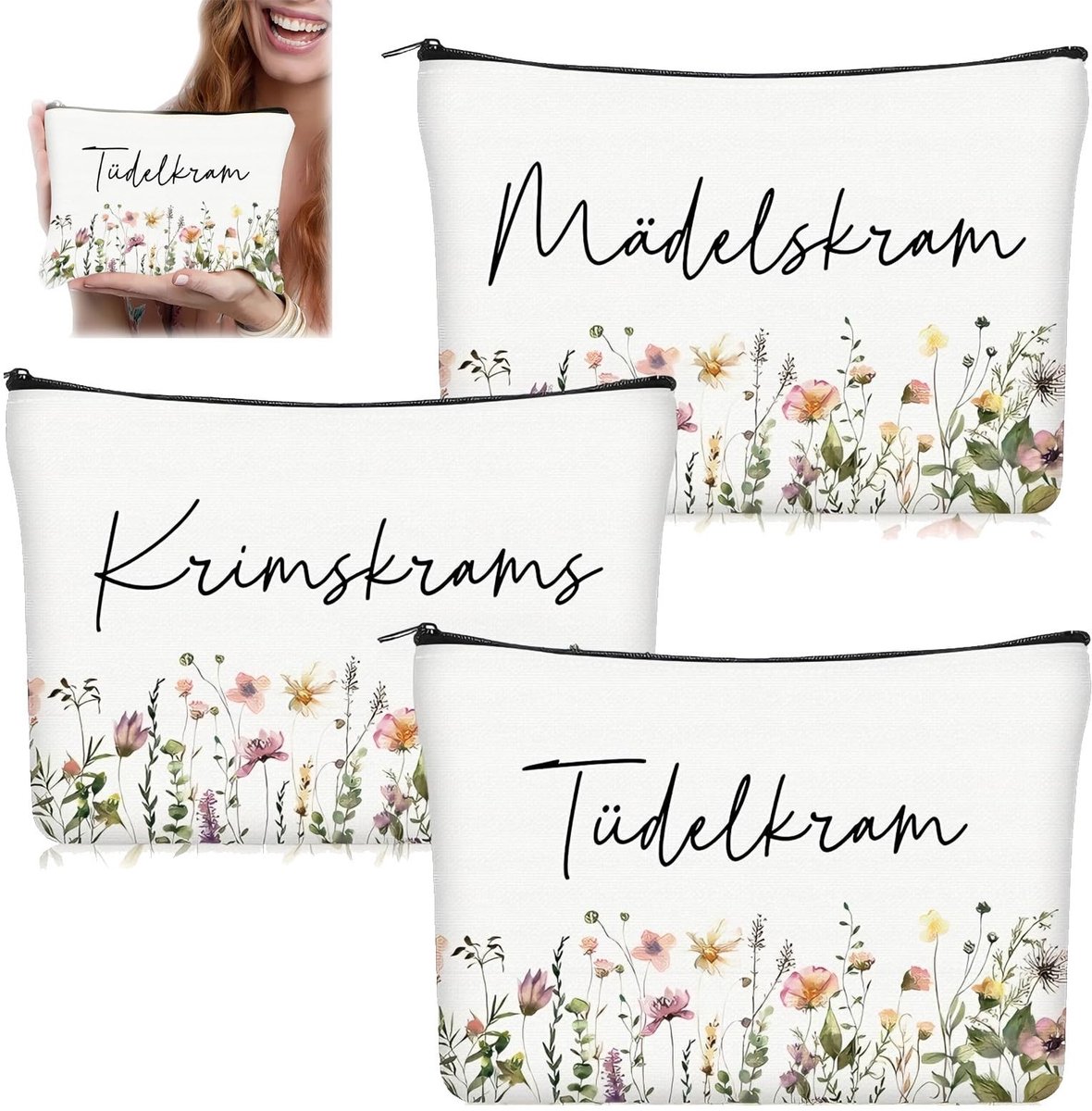 SolidKeus - Set van 3 Make-uptasjes met Planten- en Bloemenprint