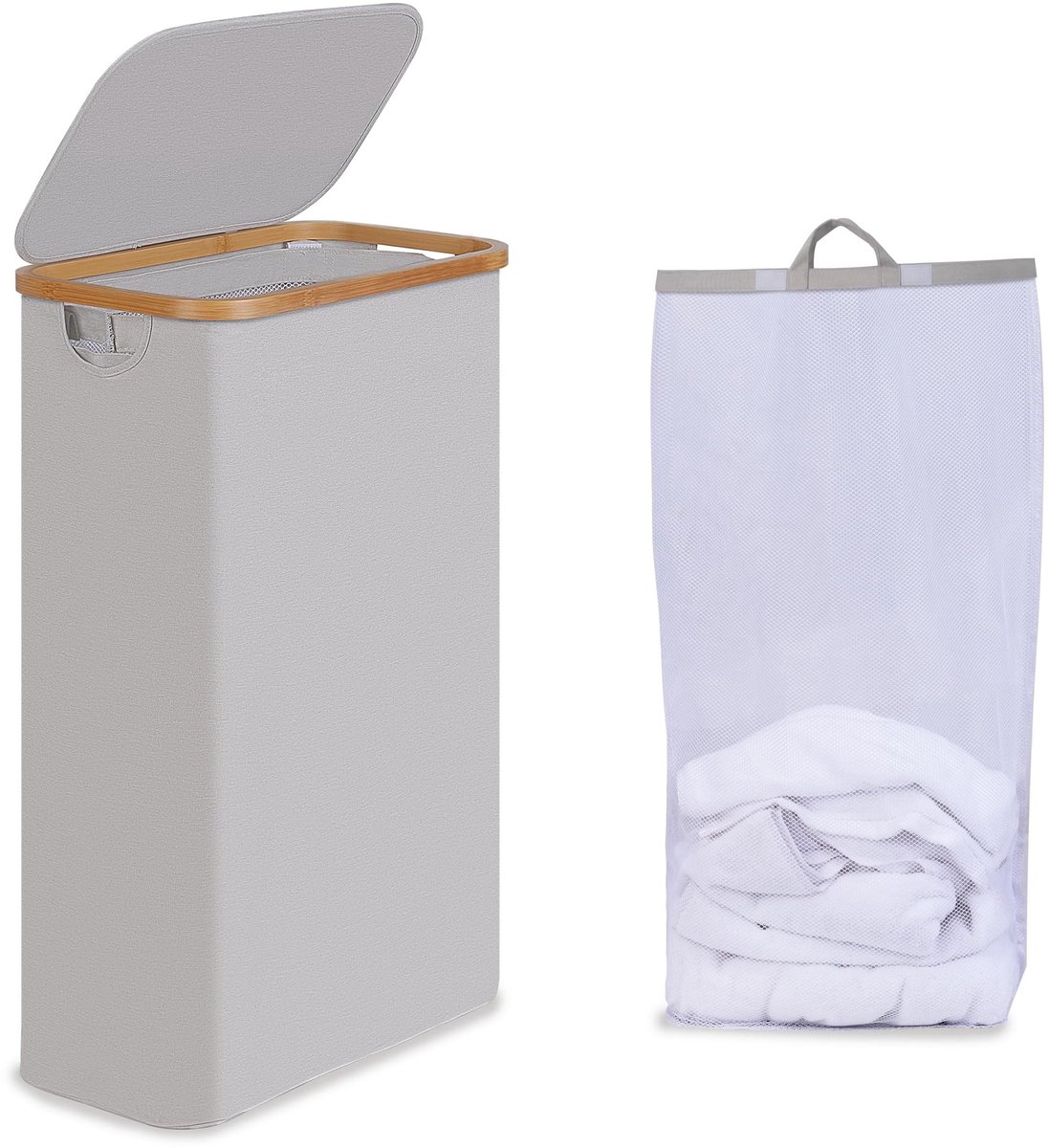 SolidKeus - Smalle Wasmand met Deksel 75L, Vouwbare Wasmand met Bamboe Handvatten