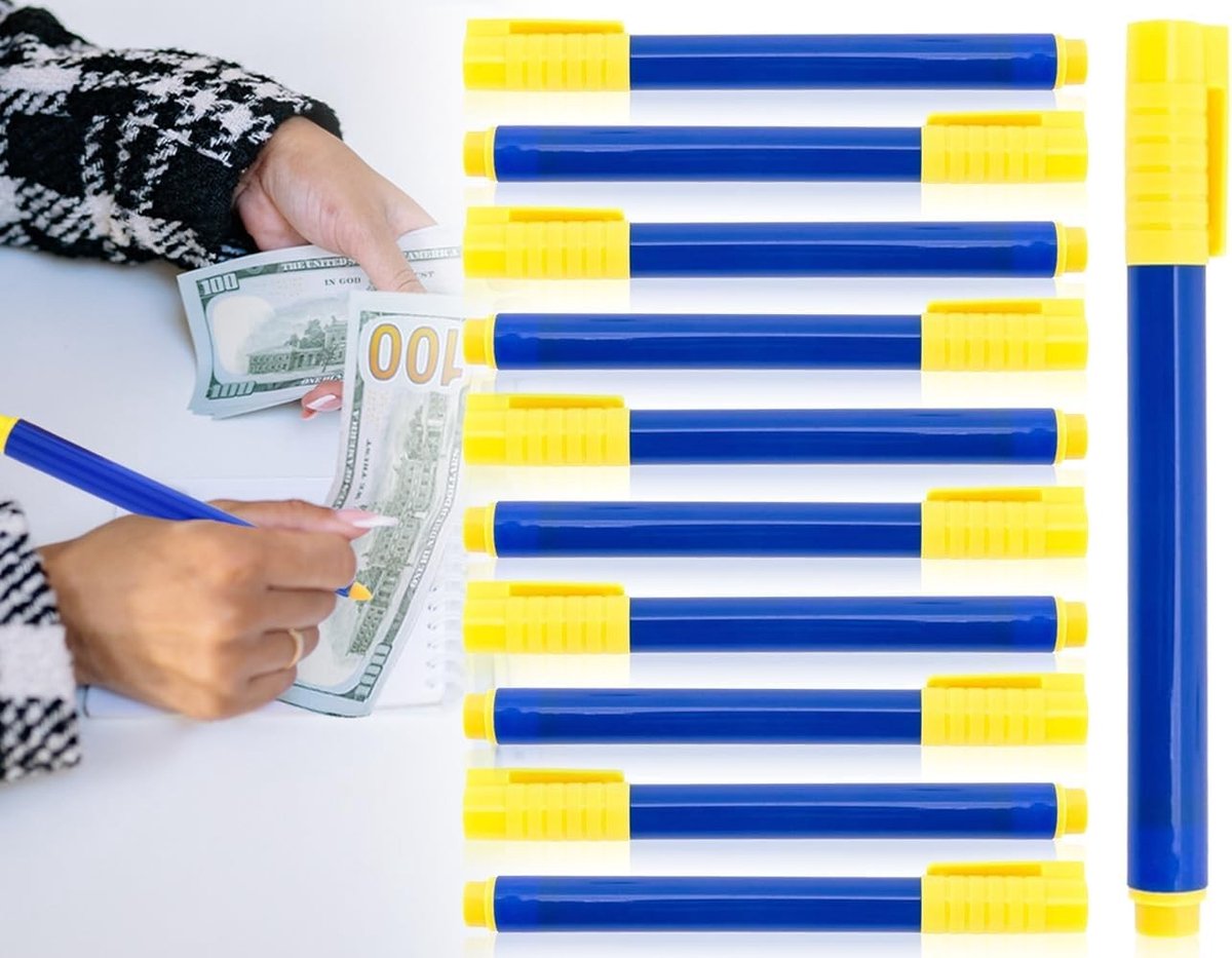 Set van 10 Bankbiljet Controlepennen - Testpennen voor Echtheid, Valsebiljetdetectie en Kantoorbenodigdheden (Blauw, 132 x 12 mm)