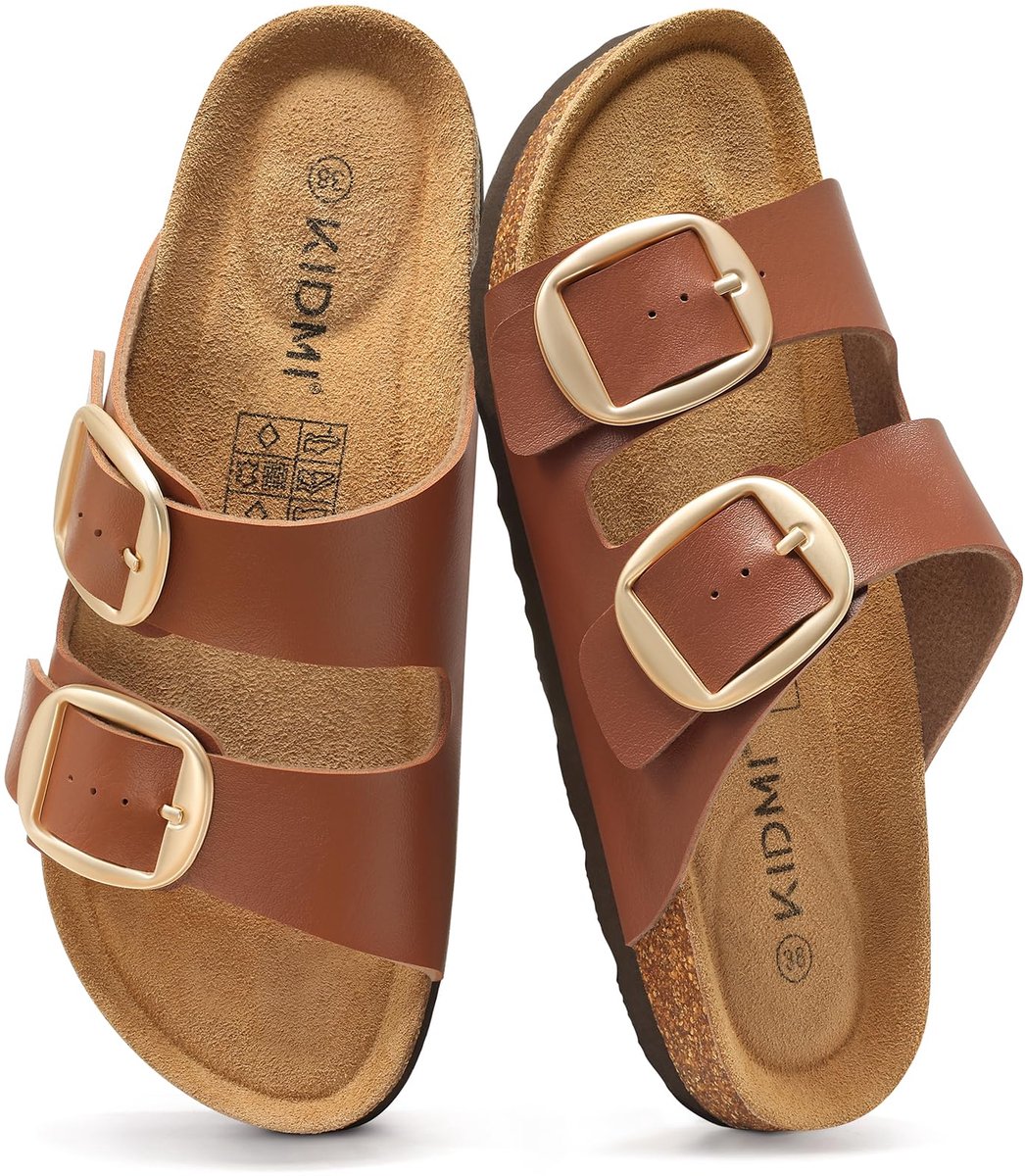 Unisex sandalens – PU bovenkant schoenen – Met kurken zool slippers– Houten sandalens – Bruin - 43- Geschikt voor een voetlengte van 27 cm