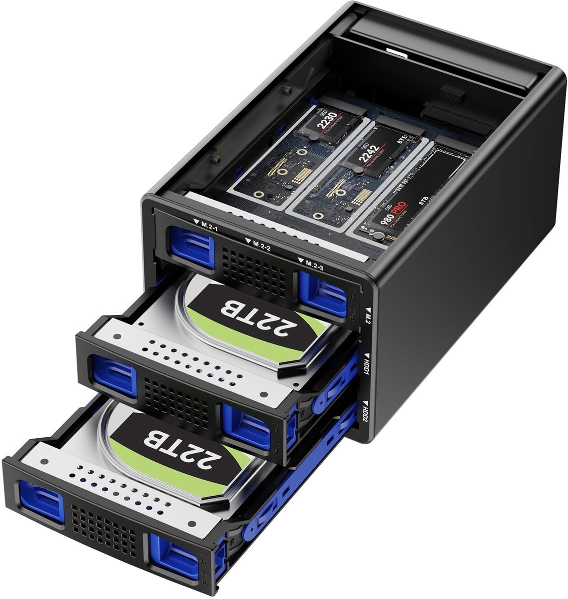 SolidKeus - 5-Slot Hybrid Enclosure voor SATA HDD/SSD + M.2 NVMe met Fan