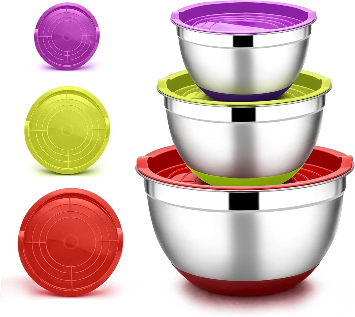 Mixkommen Set van 3 Stuks RVS met Luchtdichte Deksel en Antislipbodem, Ideaal voor Salades, Bakken en Koken, Vaatwasserbestendig, Capaciteit 4.6L, 2.8L, 1.2L