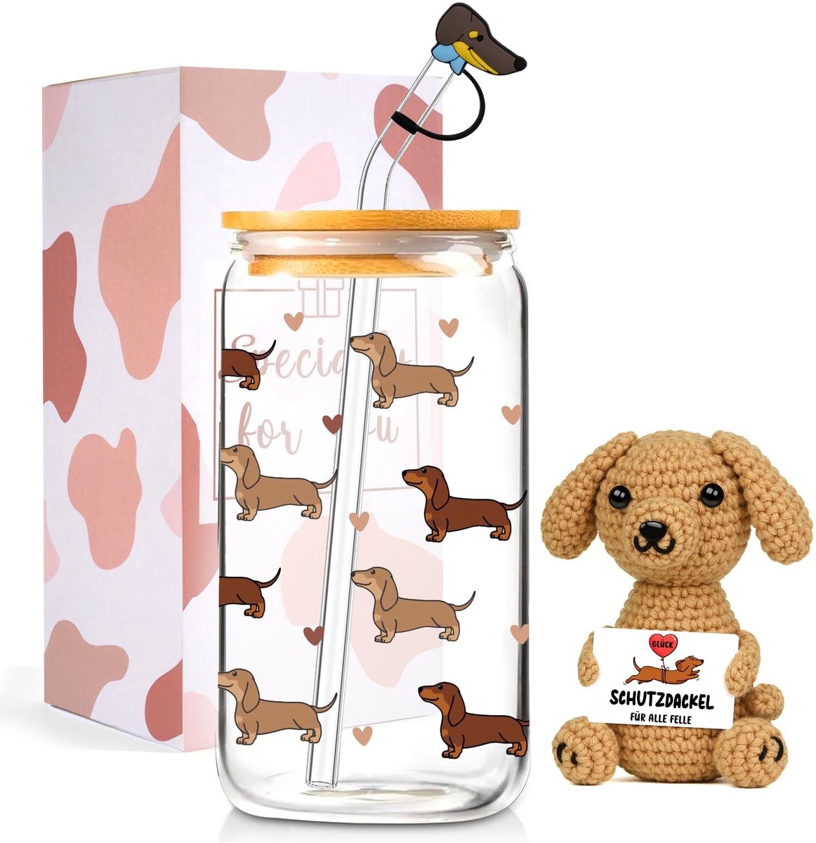 SolidKeus - Dachshund Gift Set met Glas en Handgemaakt Lucky Charm