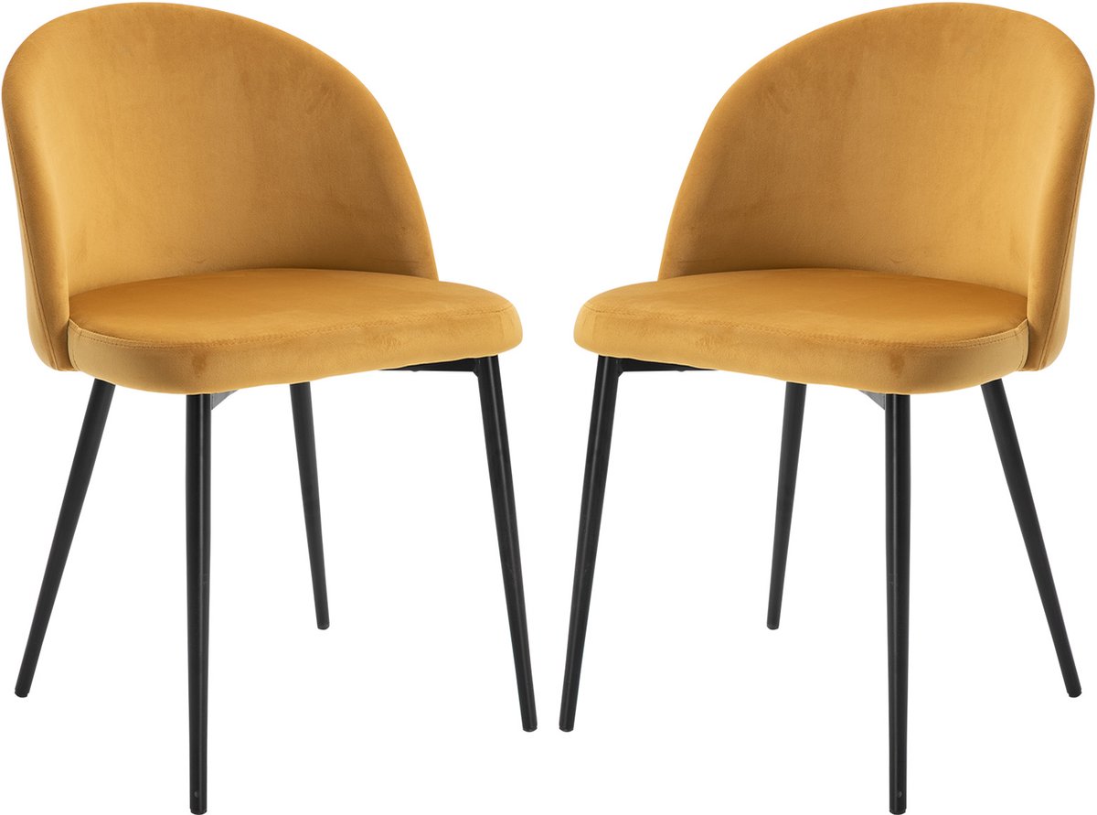 Moderne eetkamerstoelen - set van 2 brede - gestoffeerde chenille fauteuils met rugleuning en houten poten - keukenstoelen - camel