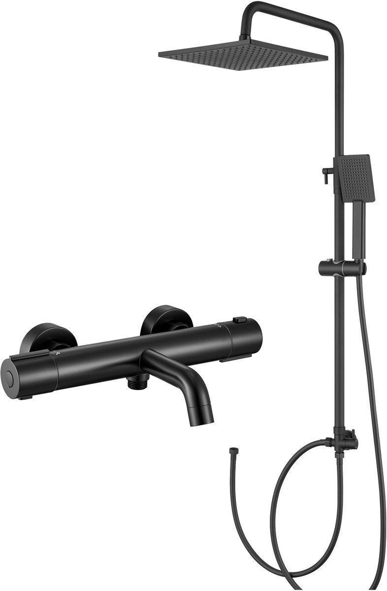 Auralum Max Doucheset - Douchesysteem met Thermostaat - Inclusief thermostaatkraan Badkraan - 3 Functies - 10 inch Vierkante Douchekop - Hoogte Verstelbaar 74-109cm - Waterbesparend - Wandmontage - Zwart