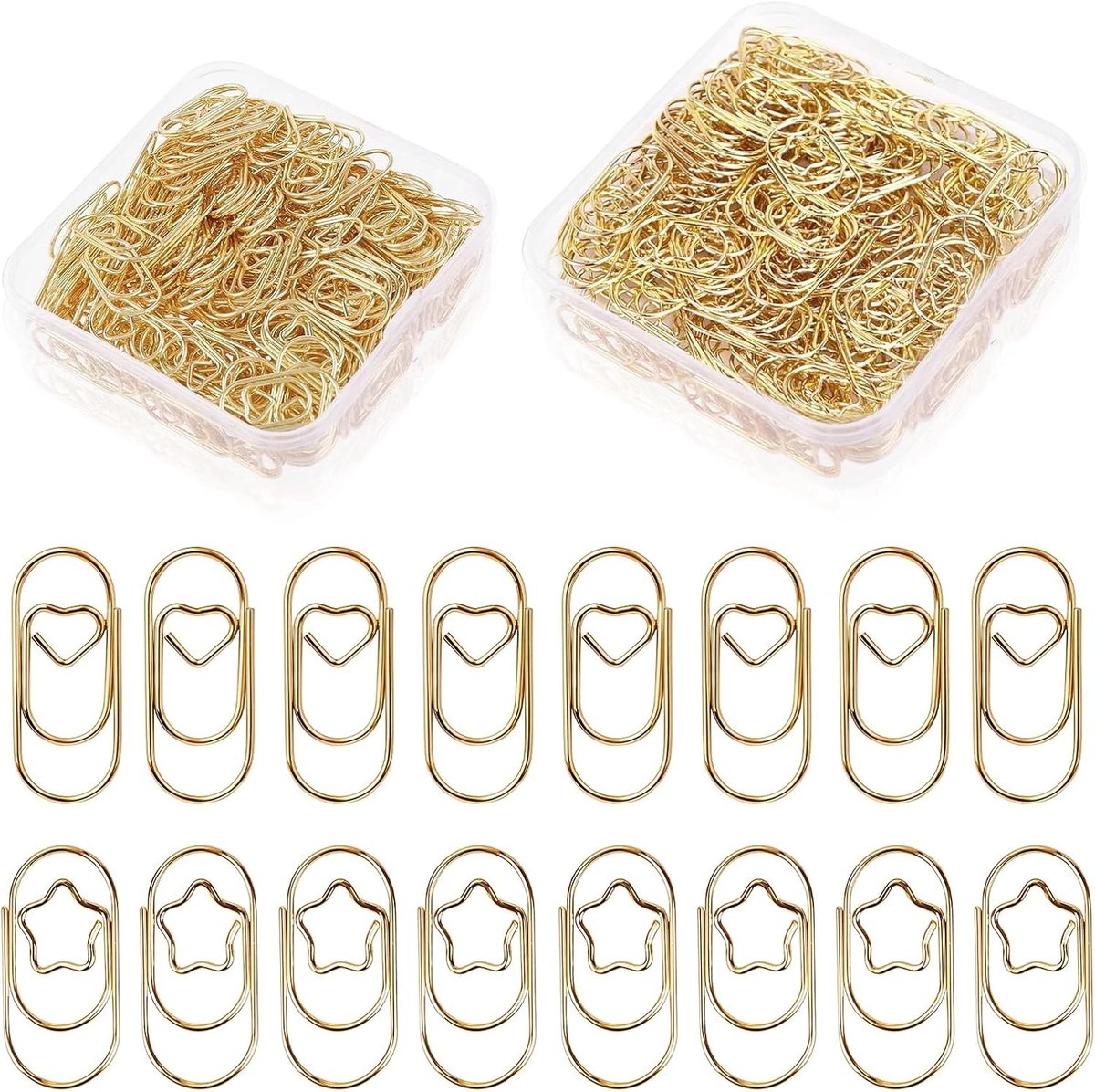 Gouden Hart en Ster Paperclips - 260 Stuks Kleine Paperclips in Transparante Doos voor Kantoor, School en Postkaarten