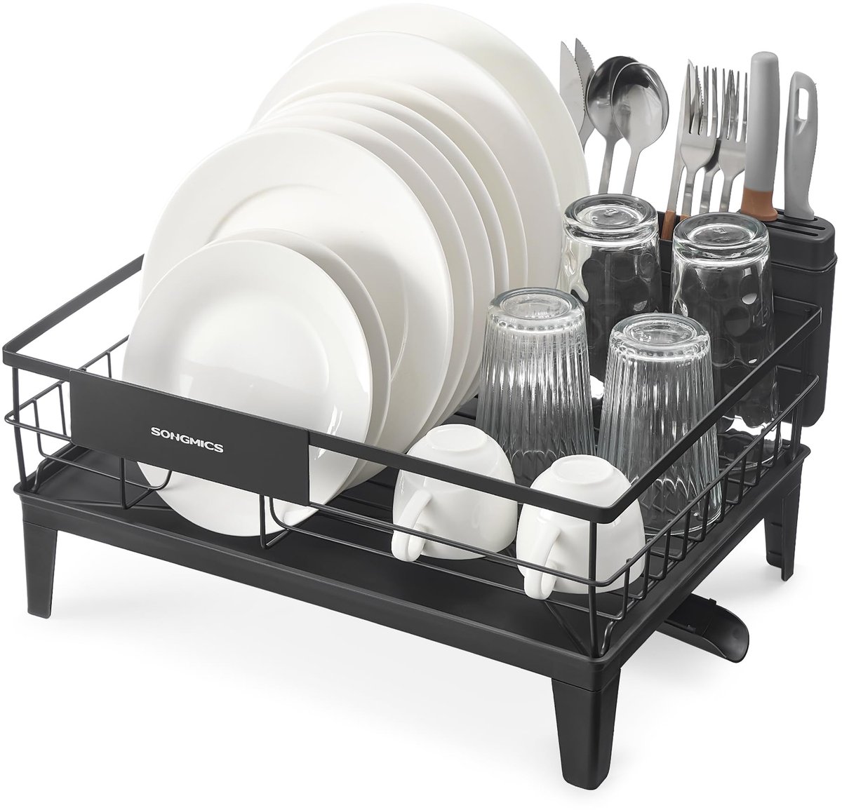 Uitschuifbaar Afdruiprek voor Keuken - 360° Draaibaar Droogrek met Lekbak - Inclusief Bestekhouder - Ruimtebesparende Afwasdroger - 31 x 42 x 18,5 cm -