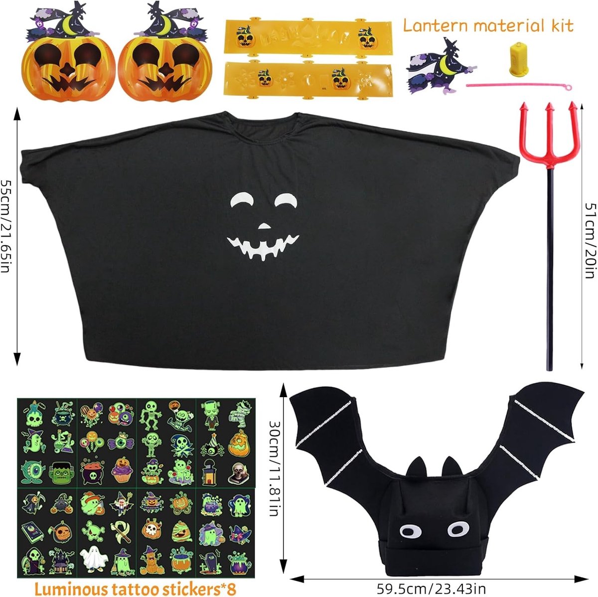 Halloween Kostuum voor Kinderen, Spookkostuum met Bat Hoed, Trident, Luminous Pompoenverlichting en Tatoeages voor Feestjes en Carnavals
