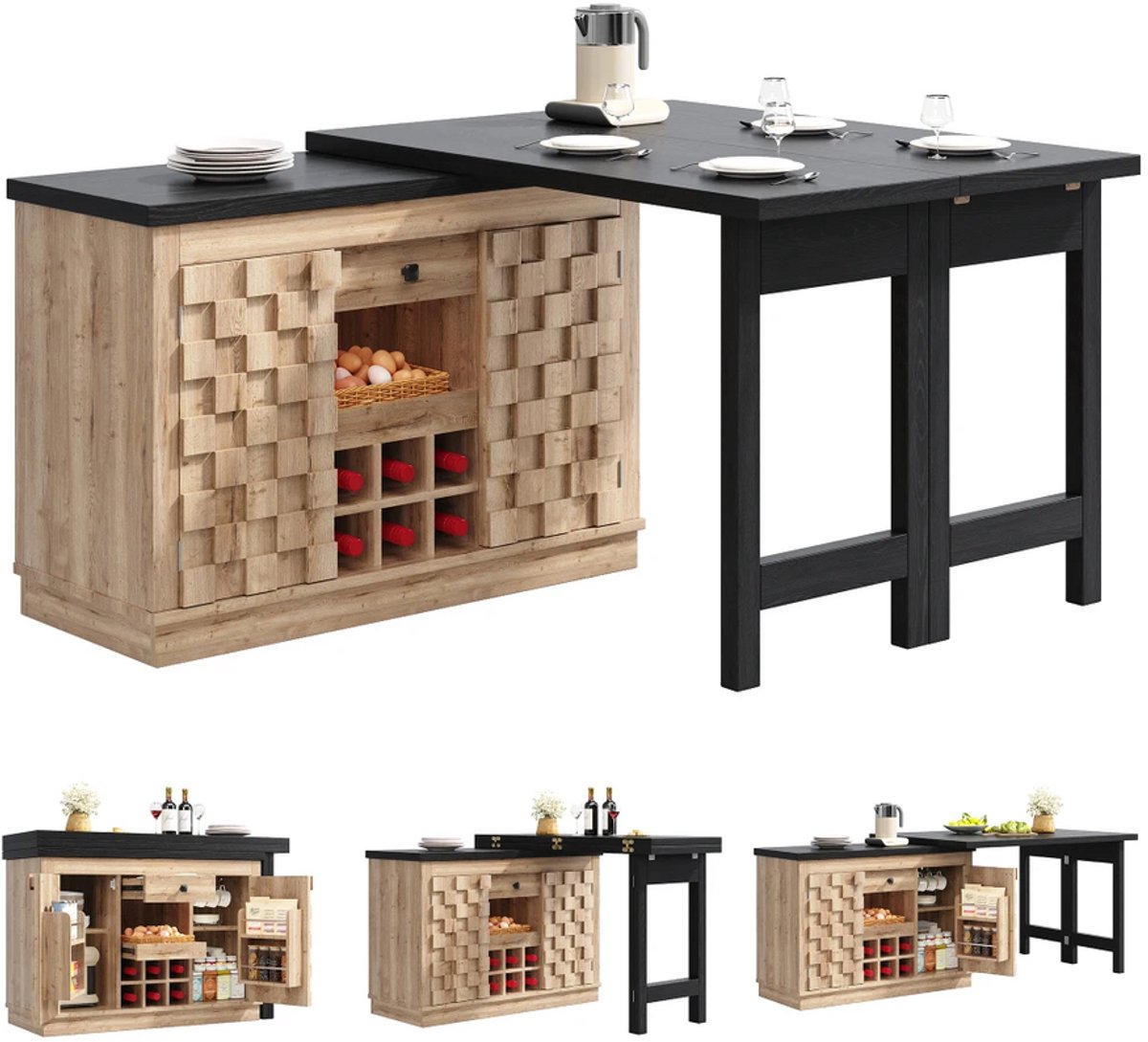 Gudalio Keukeneiland - Keukenkast - Eettafel - 360° Draaibaar werkblad - Vrijstaand - 120-197x74,2x38 cm - Houtlook - Zwart