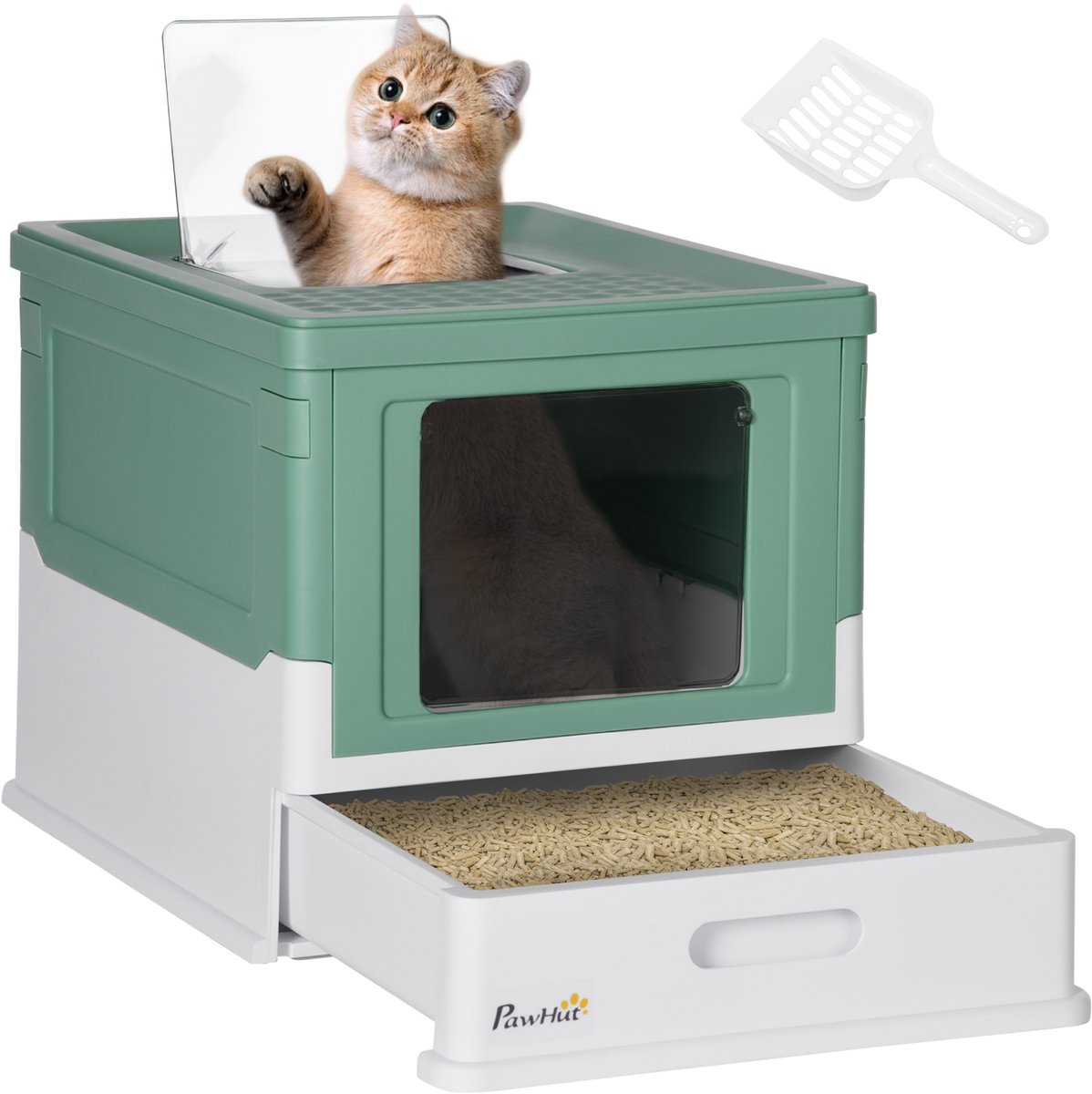 Kattenbak met deksel – opvouwbare kattenbak met deksel – inclusief schepje – uitschuifbare bak – geurwerend, spatbestendig ontwerp – geschikt voor katten met een gewicht tot 5 kg – afmetingen 47,5 x 35,5 x 36,5 cm – wit + groen