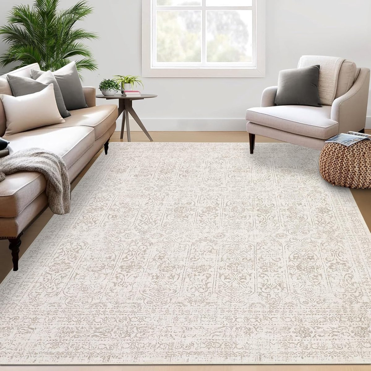 Oosters Vintage Vloerkleed - Wasbaar Antislip Kortpolig Bloemmotief - Beige - 120x170 cm