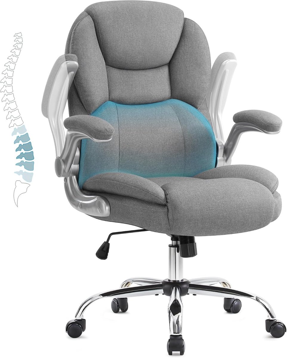 Bureaustoel, ergonomische bureaustoel, managersstoel, draaistoel met opklapbare armsteun, verstelbare hoogte, computerstoel voor kantoor, appartementen, 180KG draagvermogen (Grijs)
