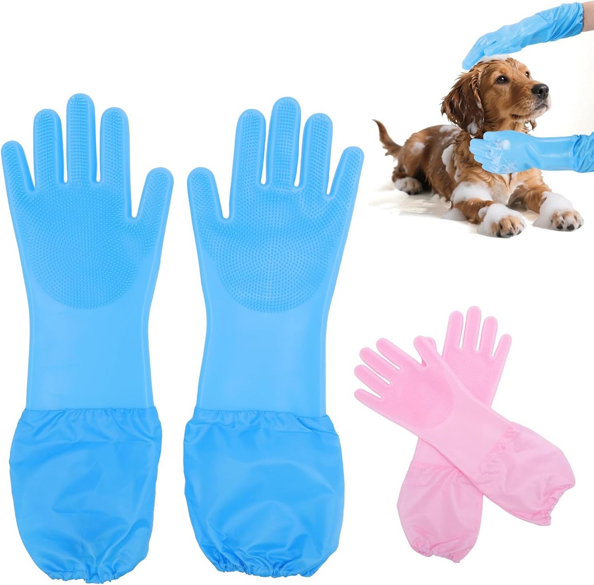 Handschoenen, massagehandskar i silicone voor katten en honden – vachtverzorging, ontharing, baden met ophangbaar en multifunctioneel (roze + blauw)