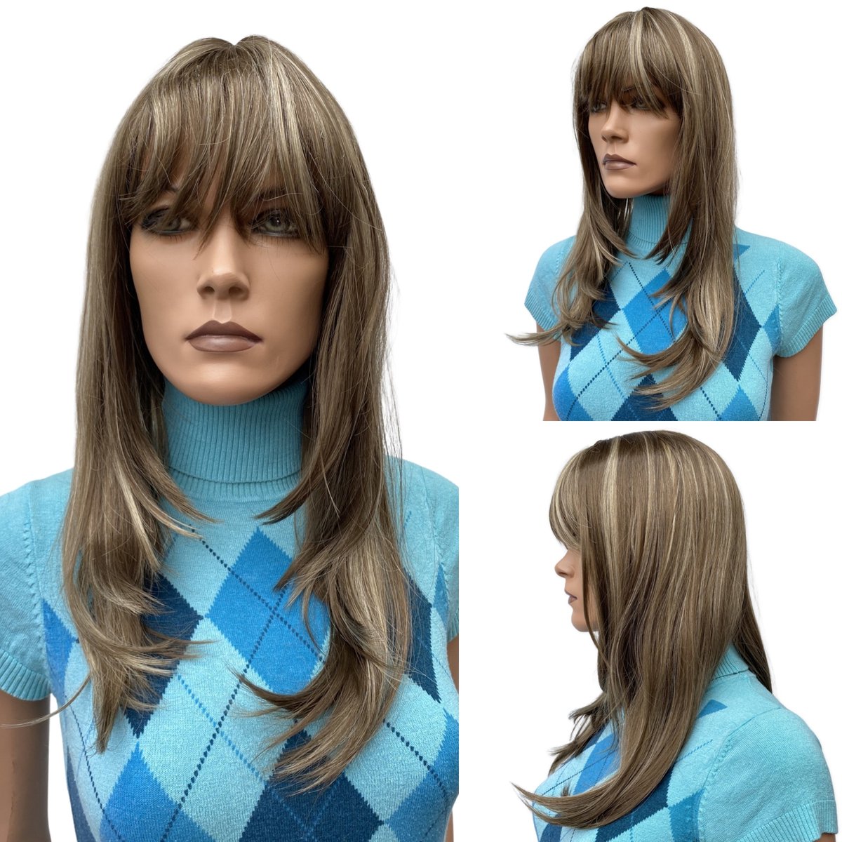 Merkloze lange pruik met pony, bruin met blonde highlights