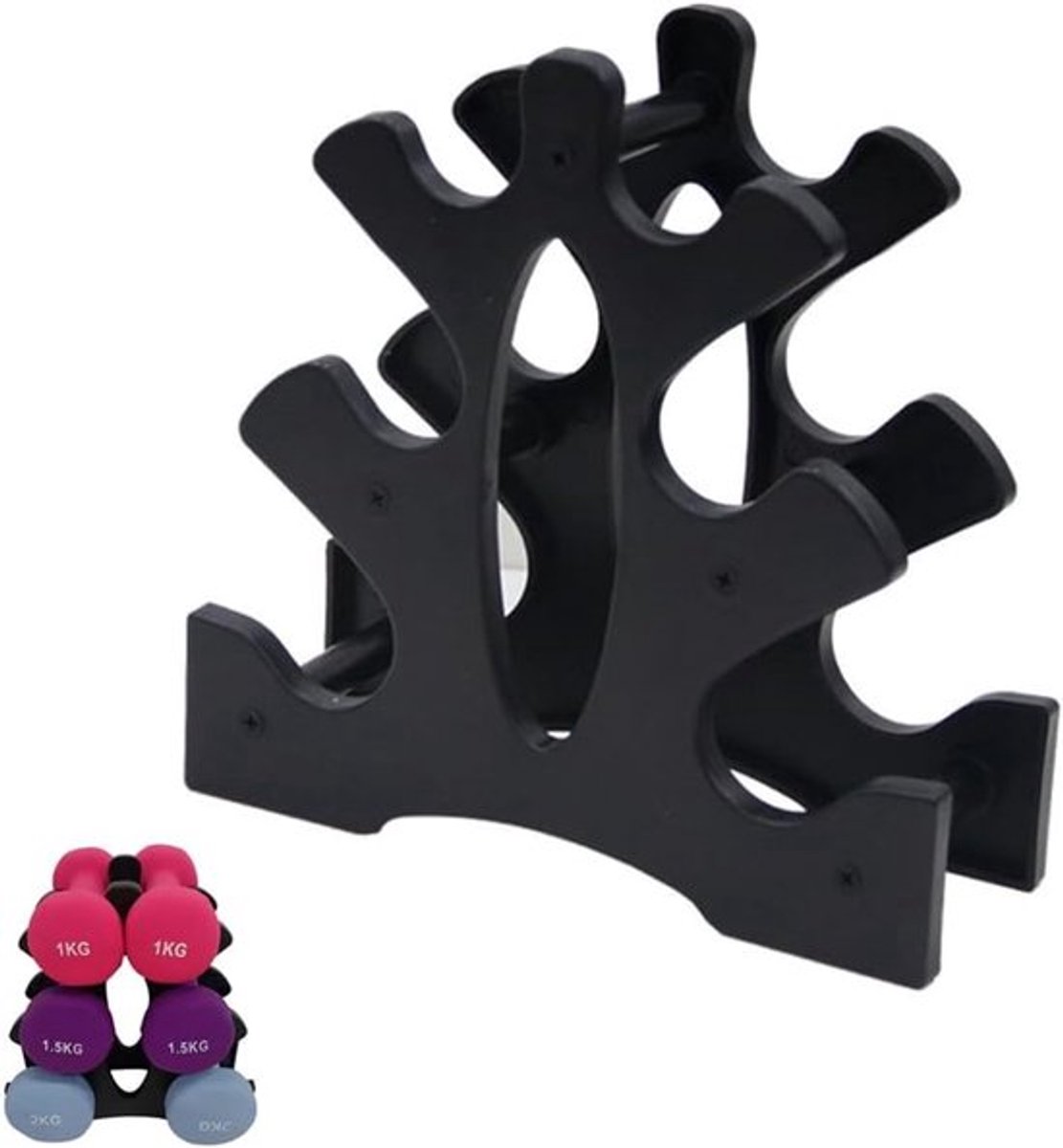 Compacte zwarte drielaags dumbbell-opbergstandaard met afmetingen 22,5 × 22,5 × 8 cm, stevige beugel speciaal ontwikkeld