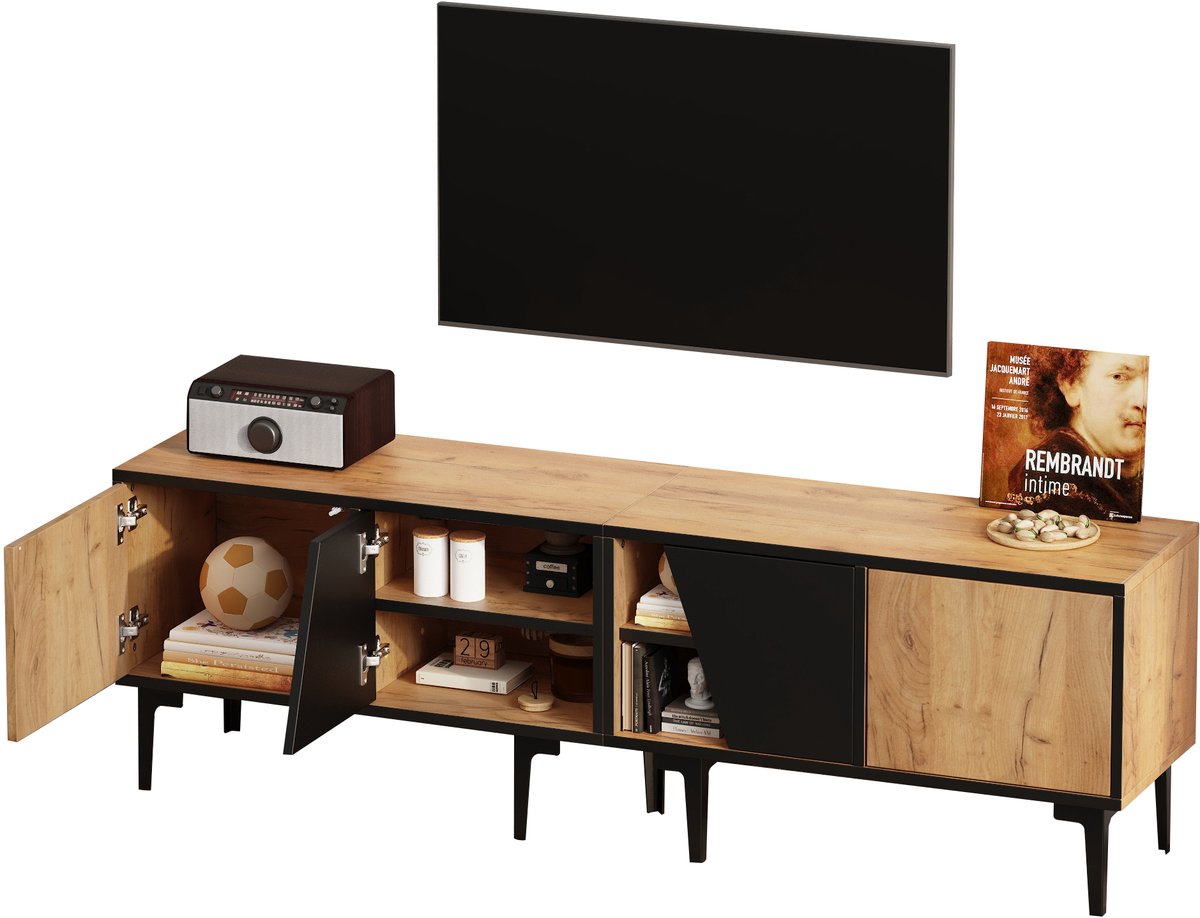 TV Meubel - 160 cm Met 4 Deuren Modern TV Lowboard - Hout en Zwart