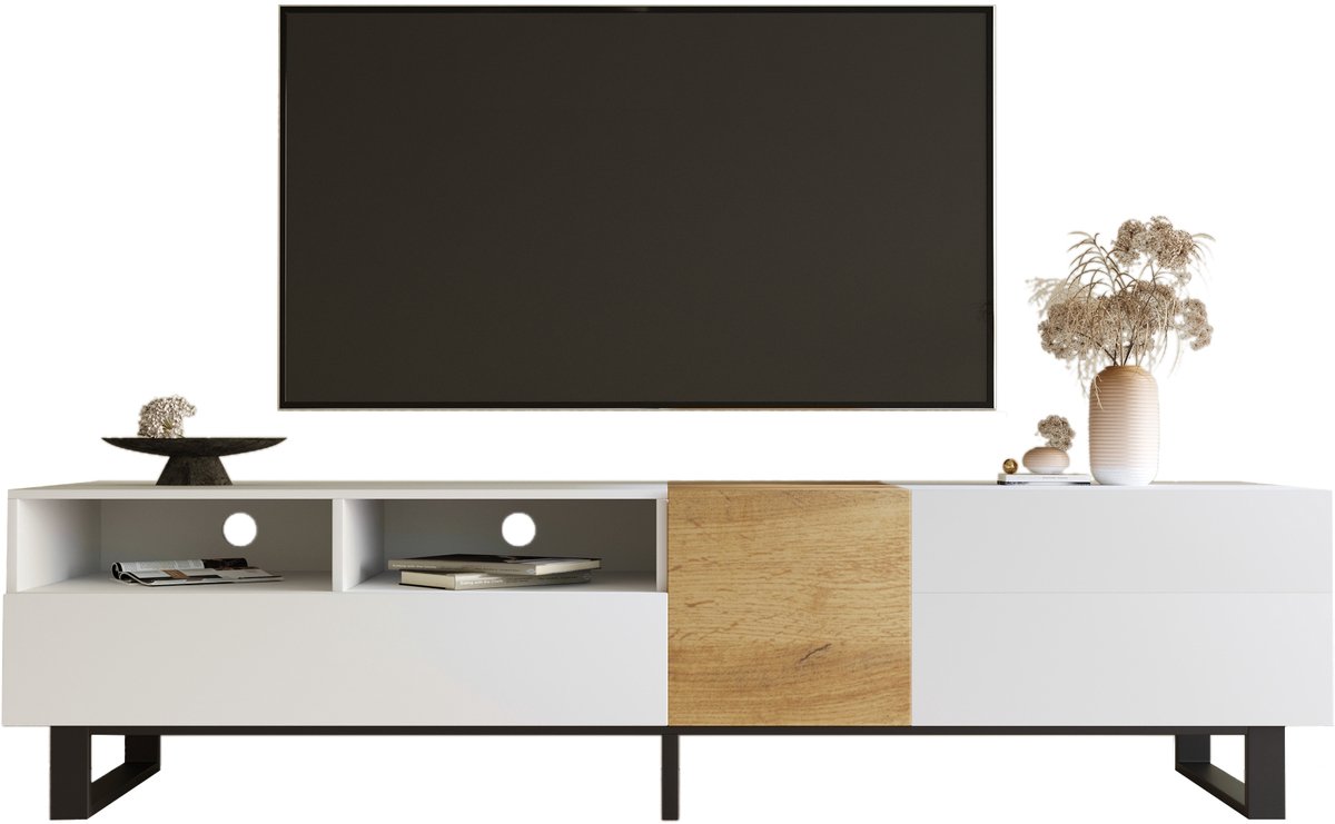 TV Meubel - 180 cm Minimalistisch Design Met Open Vakken - Wit en Hout