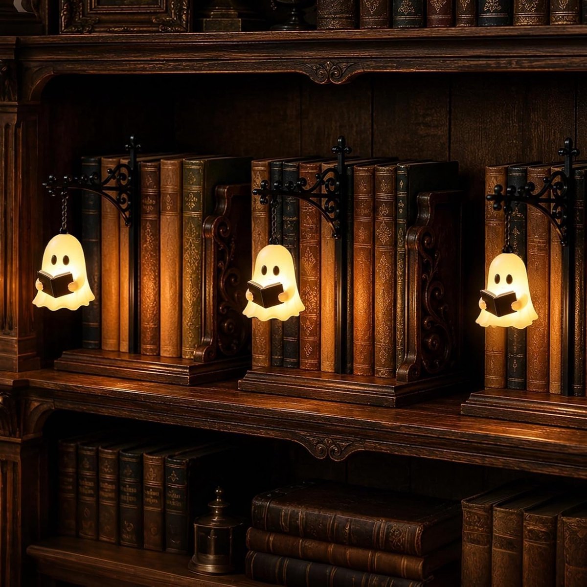 3 Stuks - Boekensteun Metaal - Boekensteun met LED Boekenkast Lamp - Vintage Hangende Nachtlamp voor Boekenplank, Warme Sfeerverlichting voor Leeshoek, Decoratie Cadeau voor Boekenliefhebbers - Ghost Design - Halloween