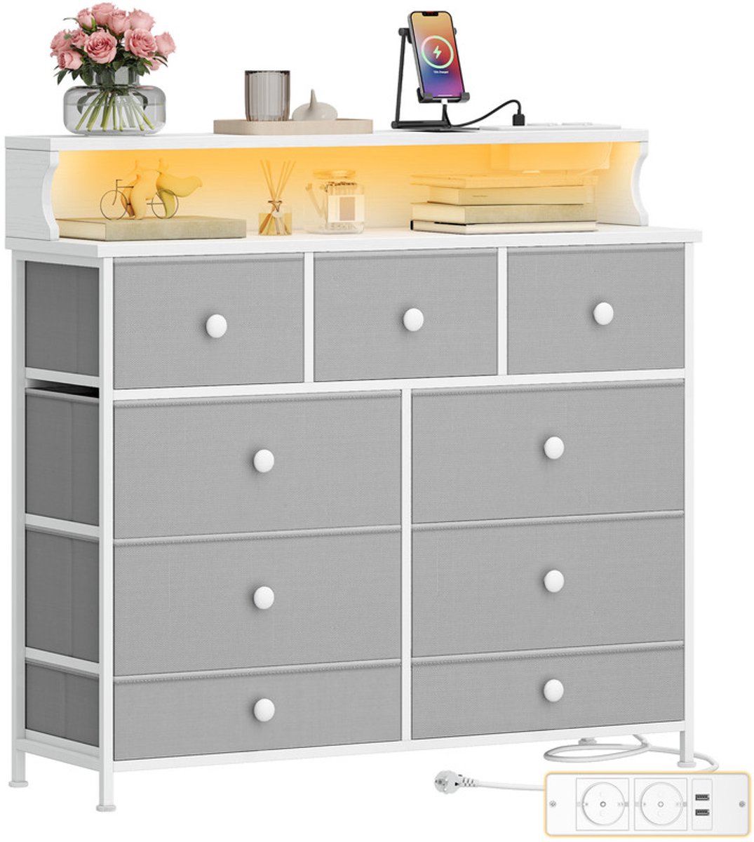 Hzuaneri Ladekast, Opbergkast Van Stof Met 9 Lades, Inclusief USB-Aansluiting En Led-Lichtstrip, Multifunctionele Opbergruimte, Voor Woon- En Slaapkamer, 30 x 100 x 95 cm, Wit-Grijs